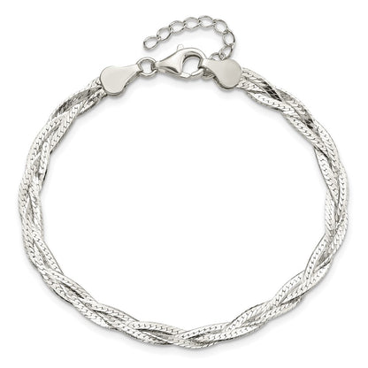 8 Inch Sterling Silver Polished 3-Strd Braided 7In W/1In Ext. Bracelet