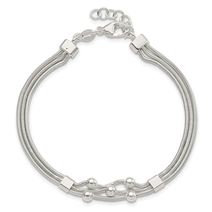 8.25 Inch Sterling Silver Polished Beaded 3-Strand W/ 1In Ext. Bracelet