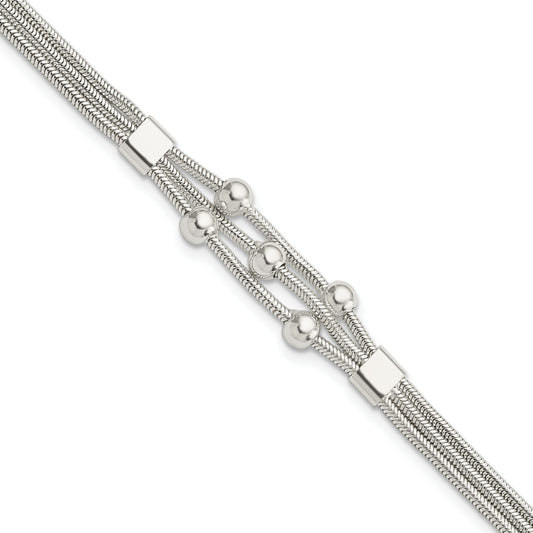 8.25 Inch Sterling Silver Polished Beaded 3-Strand W/ 1In Ext. Bracelet