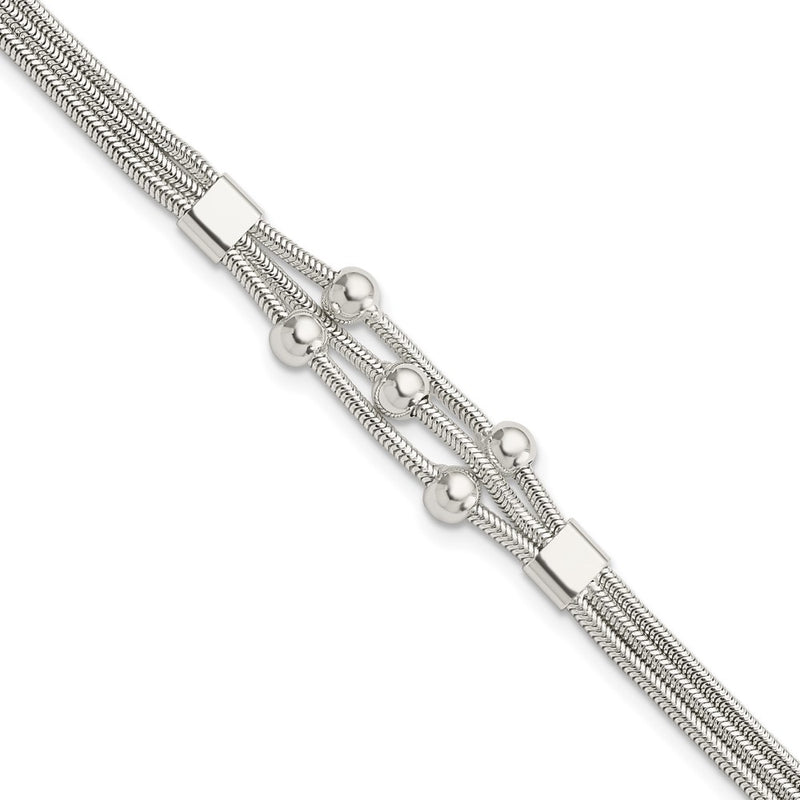 8.25 Inch Sterling Silver Polished Beaded 3-Strand W/ 1In Ext. Bracelet