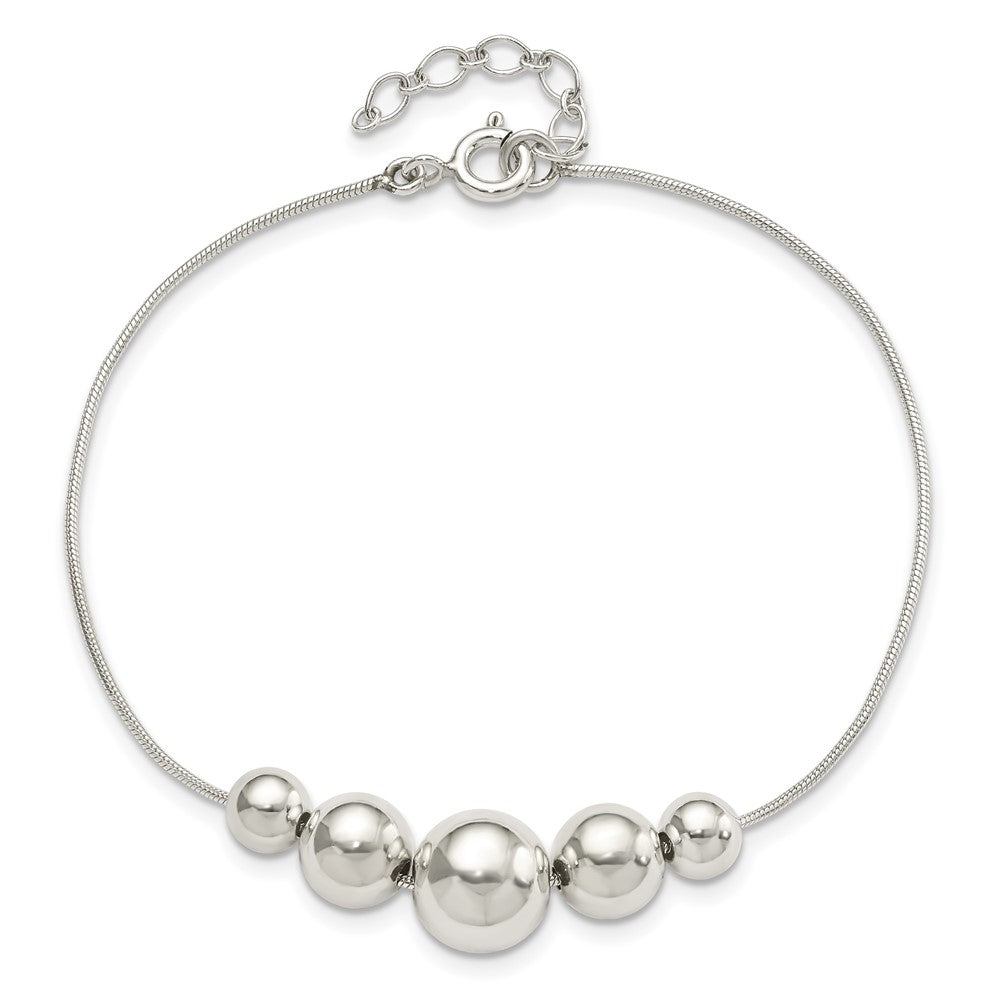 8 Inch Sterling Silver Polished Tapered Round Bead W/1 In Ext. Bracelet