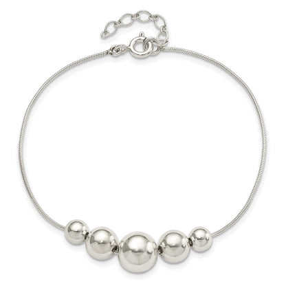 8 Inch Sterling Silver Polished Tapered Round Bead W/1 In Ext. Bracelet