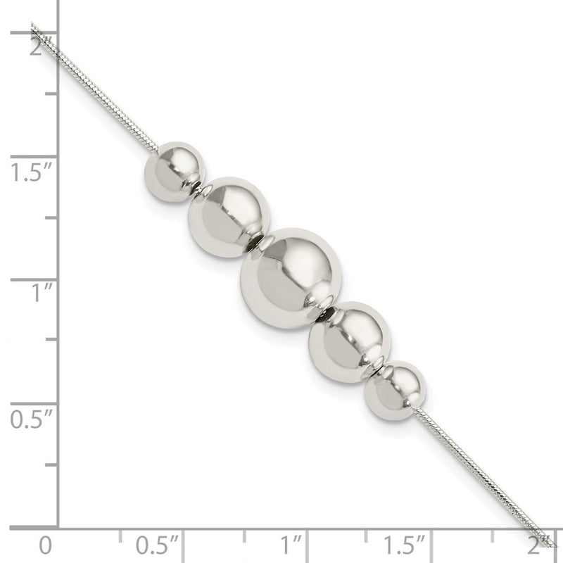 8 Inch Sterling Silver Polished Tapered Round Bead W/1 In Ext. Bracelet