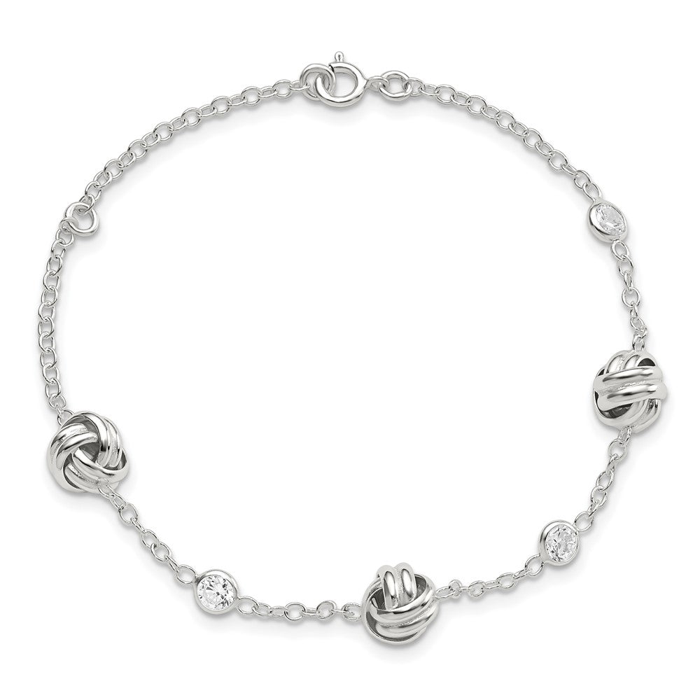 7.25 Inch Sterling Silver Rhod-Plated Polished Knotted Cz W/1.25 In Ext Bracelet