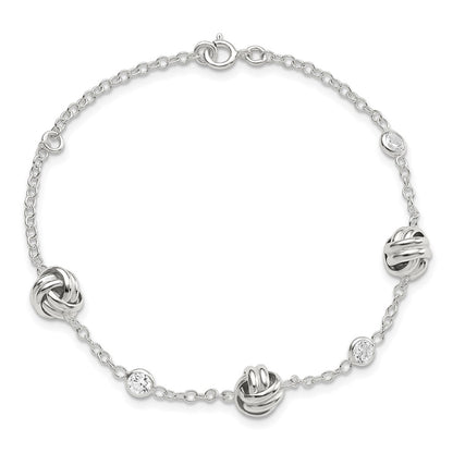 7.25 Inch Sterling Silver Rhod-Plated Polished Knotted Cz W/1.25 In Ext Bracelet
