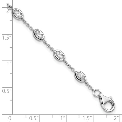 6.5 Inch Sterling Silver Rhodium-Plated Oval Cz W/1In Ext 11 Station Bracelet