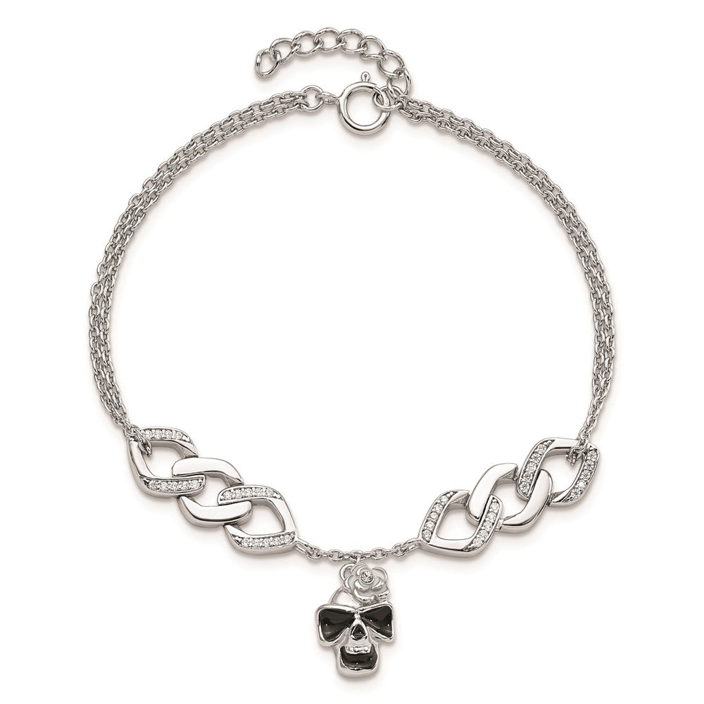 6.5 Inch Sterling Silver Rh Cz Enamel Skull W/Flower 6.5In W/1In Ext Bracelet