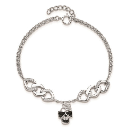 6.5 Inch Sterling Silver Rh Cz Enamel Skull W/Flower 6.5In W/1In Ext Bracelet
