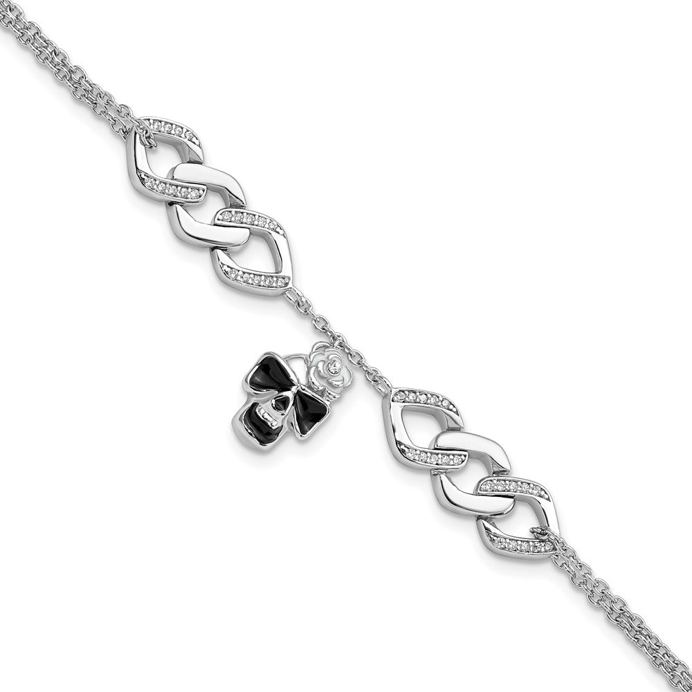 6.5 Inch Sterling Silver Rh Cz Enamel Skull W/Flower 6.5In W/1In Ext Bracelet