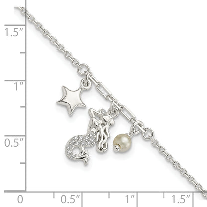 7.5 Inch Sterling Silver Cz Mermaid/Star/Glass Pearl Bracelet