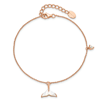 7 Inch Sterling Silver Rose-Tone Cz Shell Pearl Whale Tail Dangle 1In Ext Bracelet