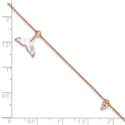 7 Inch Sterling Silver Rose-Tone Cz Shell Pearl Whale Tail Dangle 1In Ext Bracelet