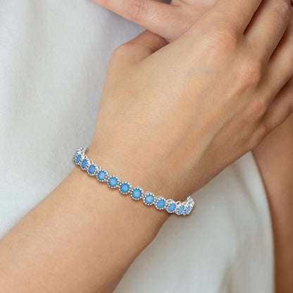 7 Inch Sterling Silver Rhodium-Plated Beaded Blue Created Opal Inlay Bracelet