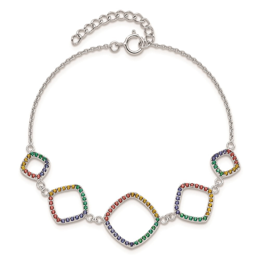 6.5 Inch Sterling Silver 7In W/1In Ext Rh-Plated Multi-Color Nano Crystal Bracelet