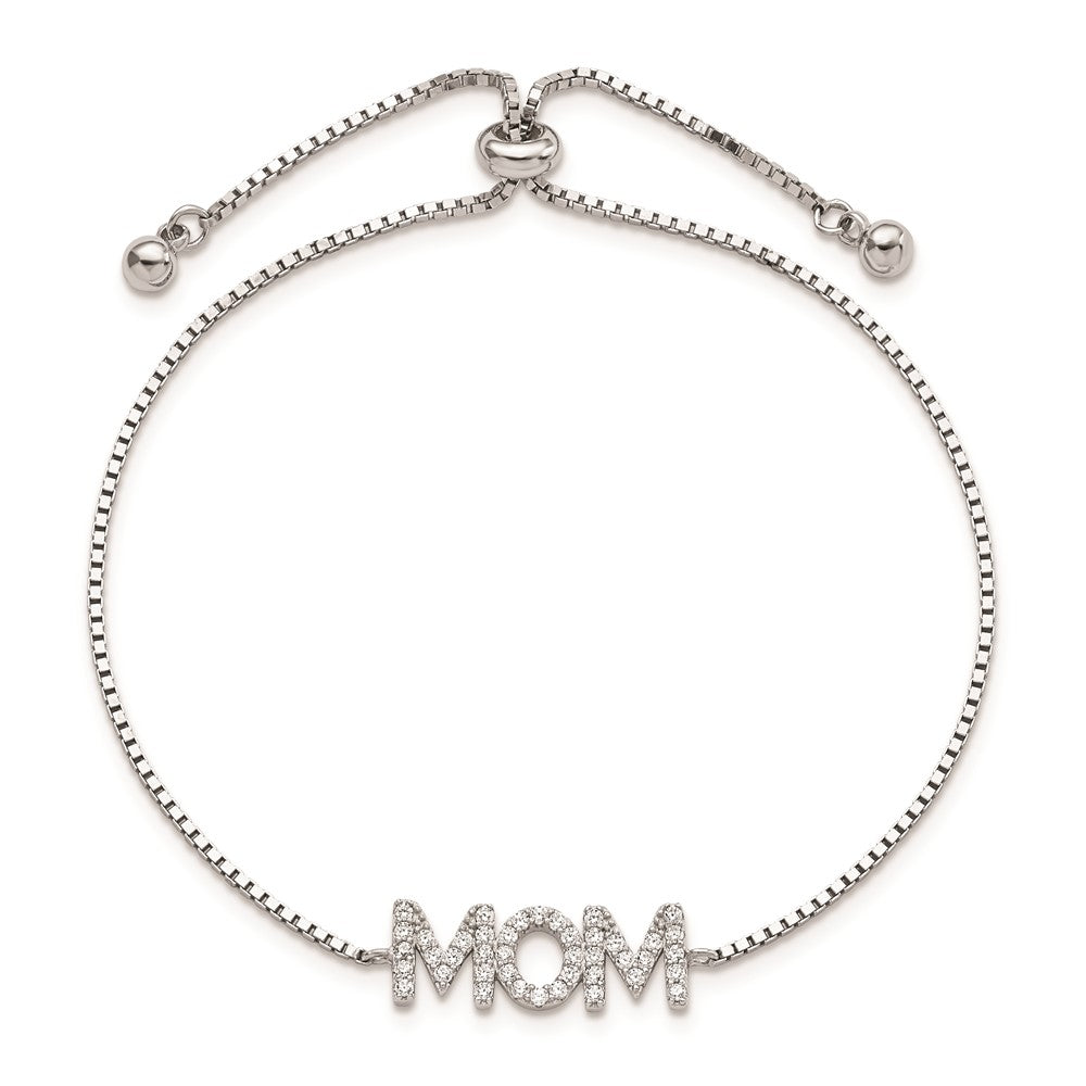 Sterling Silver Polished Rhodium-Plated Pavé CZ Mom Adjustable Bracelet