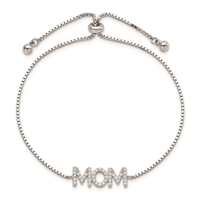 Sterling Silver Polished Rhodium-Plated Pavé CZ Mom Adjustable Bracelet