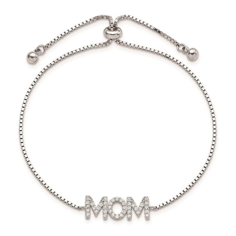 Sterling Silver Polished Rhodium-Plated Pavé CZ Mom Adjustable Bracelet