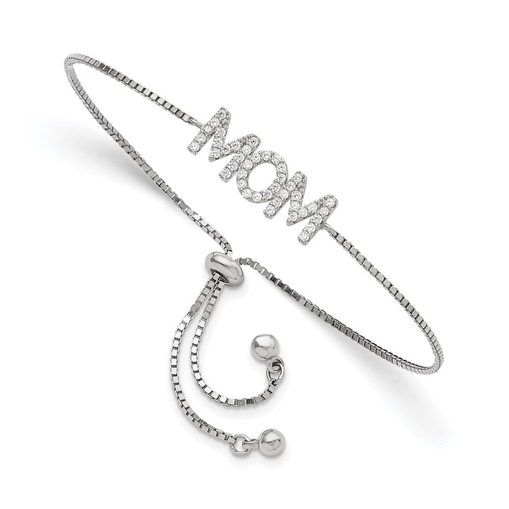 Sterling Silver Polished Rhodium-Plated Pavé CZ Mom Adjustable Bracelet