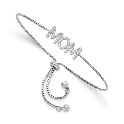 Sterling Silver Polished Rhodium-Plated Pavé CZ Mom Adjustable Bracelet