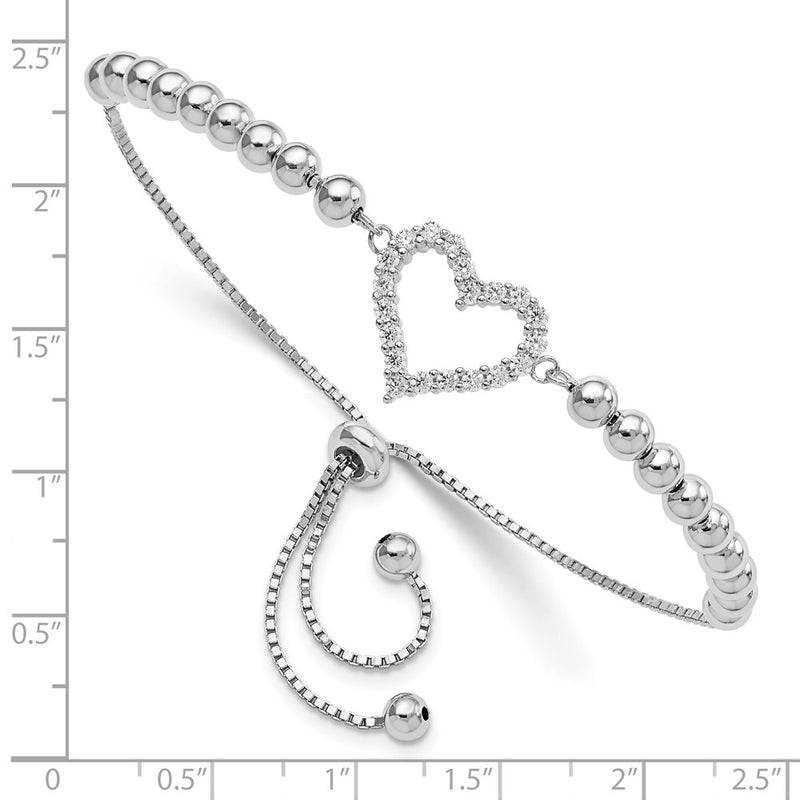 Sterling Silver Rhodium-Plated Beaded Cz Heart Adjustable Bracelet
