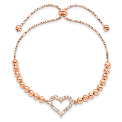 Sterling Silver Rose-Tone Beaded Cz Heart Adjustable Bracelet