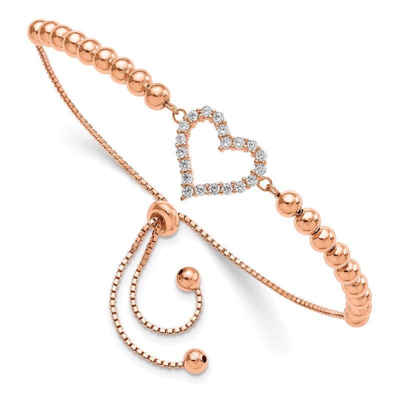 Sterling Silver Rose-Tone Beaded Cz Heart Adjustable Bracelet
