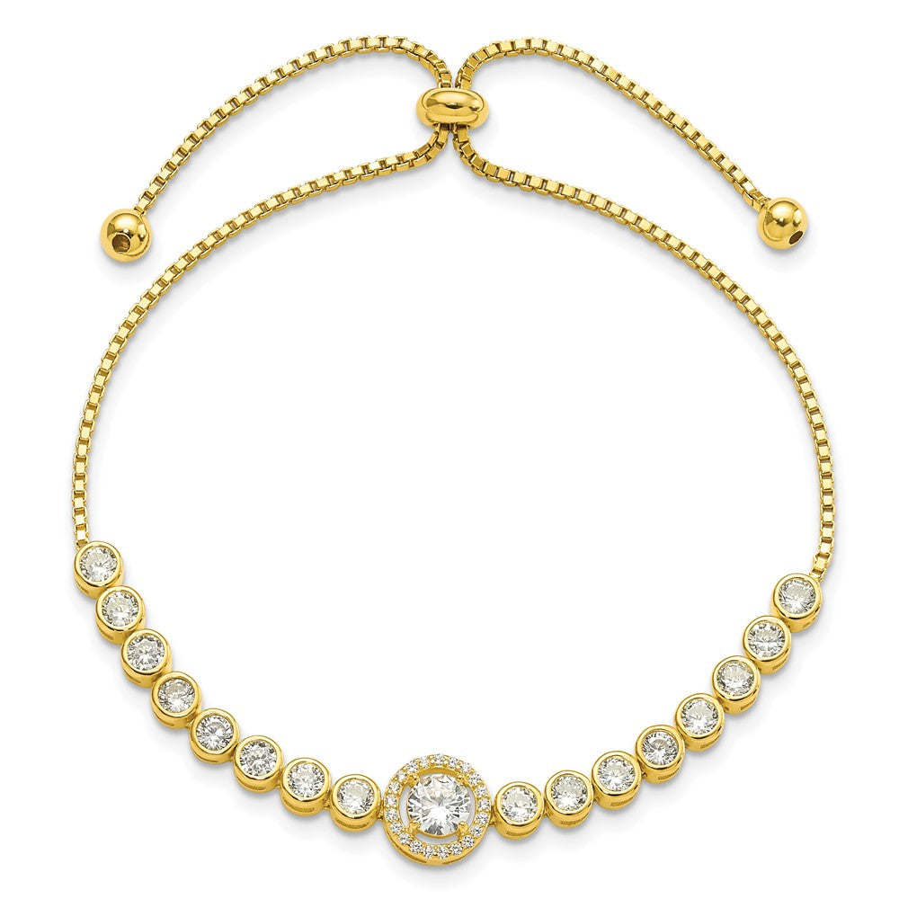 Sterling Silver Gold-Tone Bezel Set Cz & Halo Adjustable Bracelet