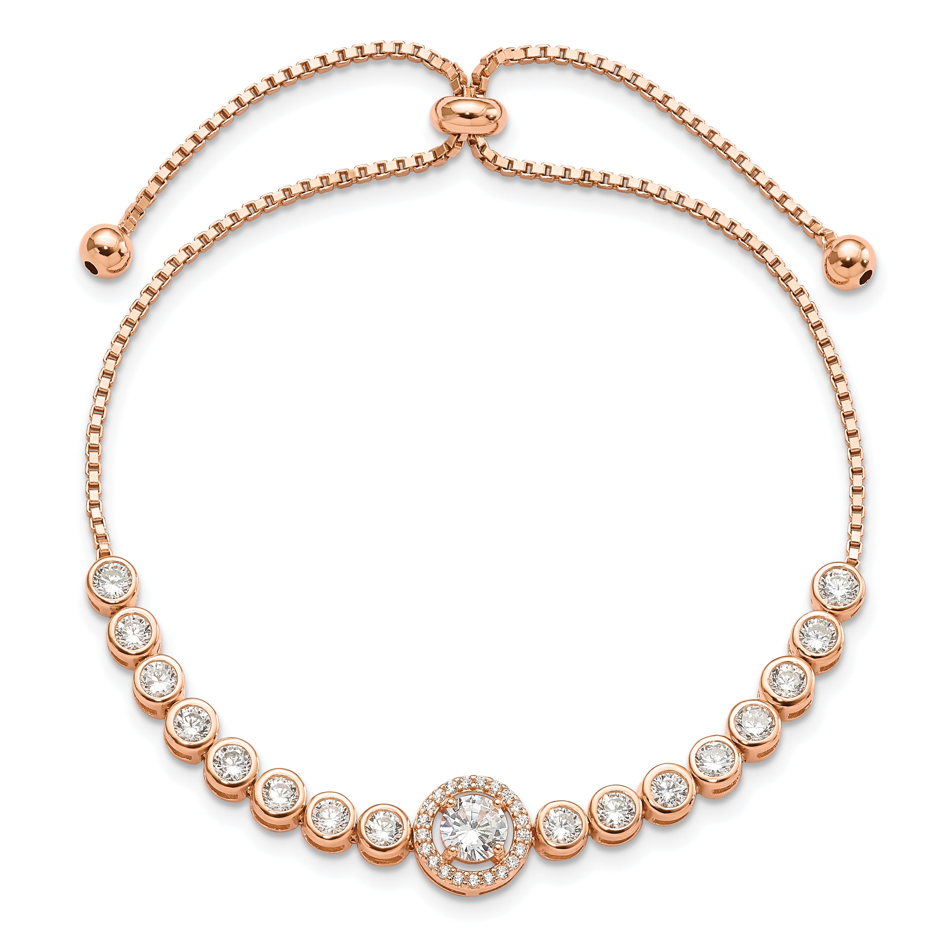 Sterling Silver Rose-Tone Bezel Set Cz & Halo Adjustable Bracelet
