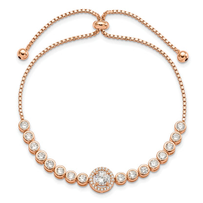 Sterling Silver Rose-Tone Bezel Set Cz & Halo Adjustable Bracelet