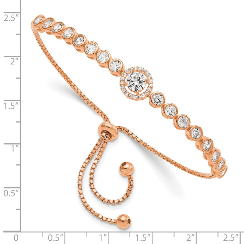Sterling Silver Rose-Tone Bezel Set Cz & Halo Adjustable Bracelet
