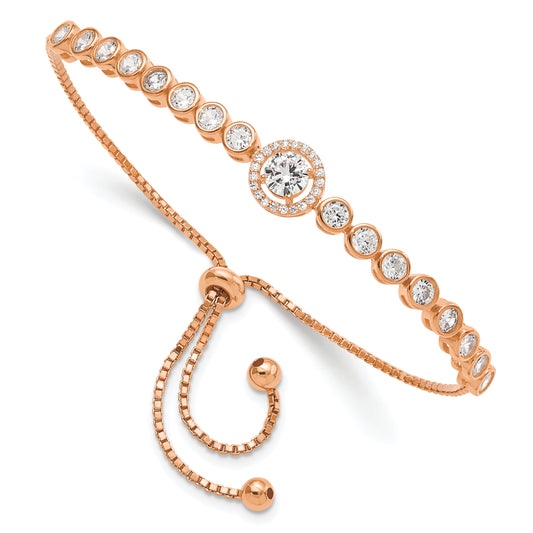 Sterling Silver Rose-Tone Bezel Set Cz & Halo Adjustable Bracelet