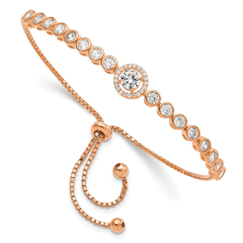 Sterling Silver Rose-Tone Bezel Set Cz & Halo Adjustable Bracelet