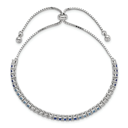 Sterling Silver Rhodium Created Blue Spinel & Cz Adjustable Bracelet