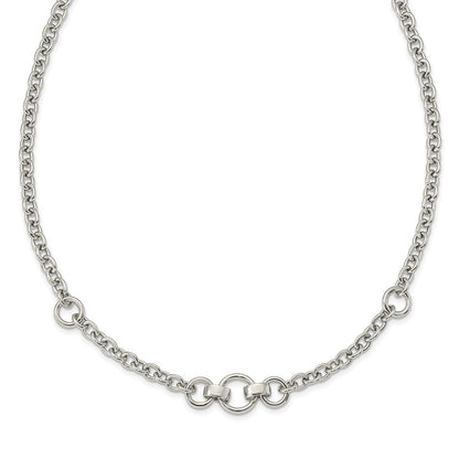 Sterling Silver Rhodium-Plated Fancy Rolo W/3 Circles Necklace