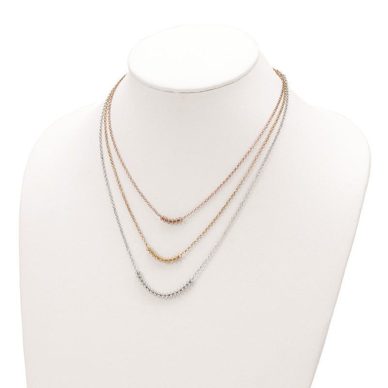 Sterling Silver Rhod-Plated Rose/Gold-Tone 3 Strand W/1.25In Ext Necklace