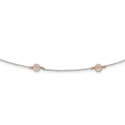 Sterling Silver Rhodium-Plated Rose Tone Cz Stations W/2 In Ext. Necklace