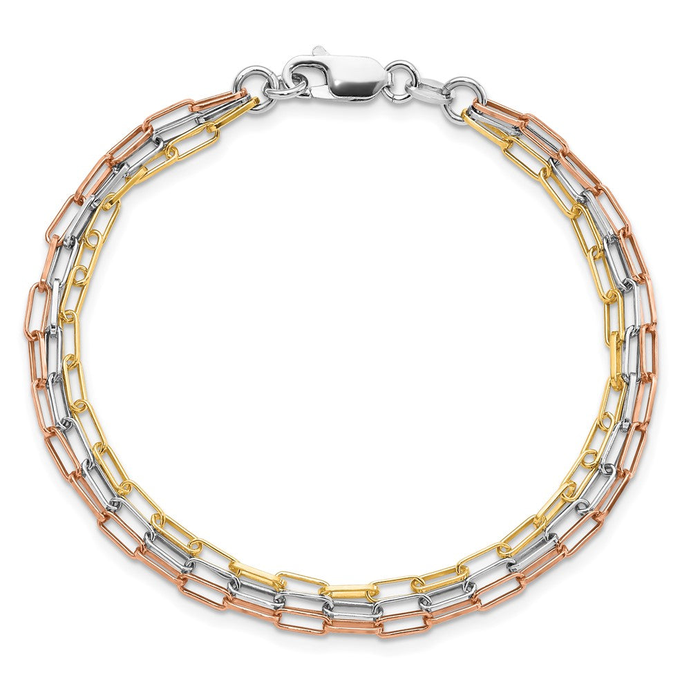 Sterling Silver Rh-Plate Rose & Yellow-Tone Paperclip Link 3-Strand Brace