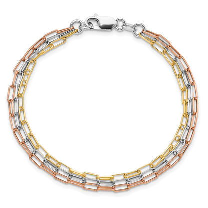 Sterling Silver Rh-Plate Rose & Yellow-Tone Paperclip Link 3-Strand Brace