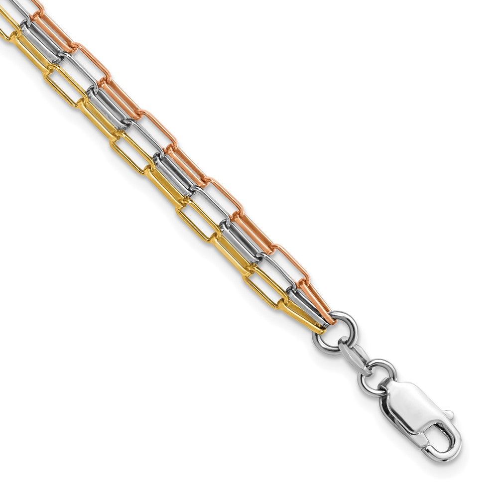 Sterling Silver Rh-Plate Rose & Yellow-Tone Paperclip Link 3-Strand Brace