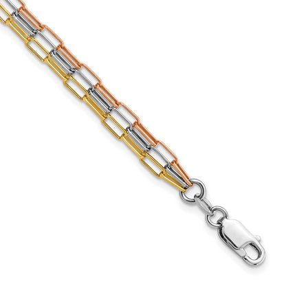 Sterling Silver Rh-Plate Rose & Yellow-Tone Paperclip Link 3-Strand Brace