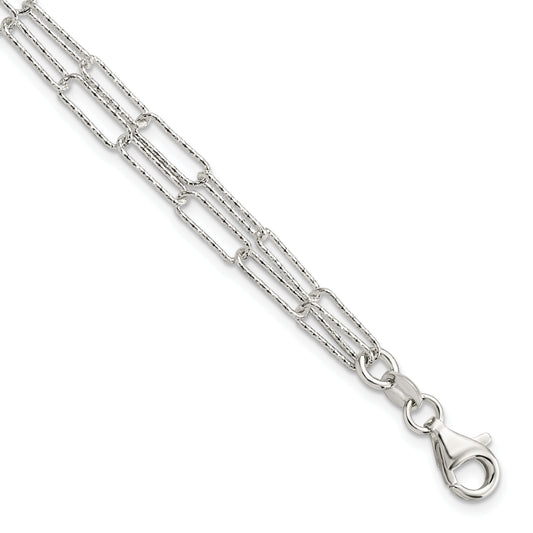 7 Inch Sterling Silver Rhodium-Plated Two D/C Fancy Link W/1 In Ext Bracelet