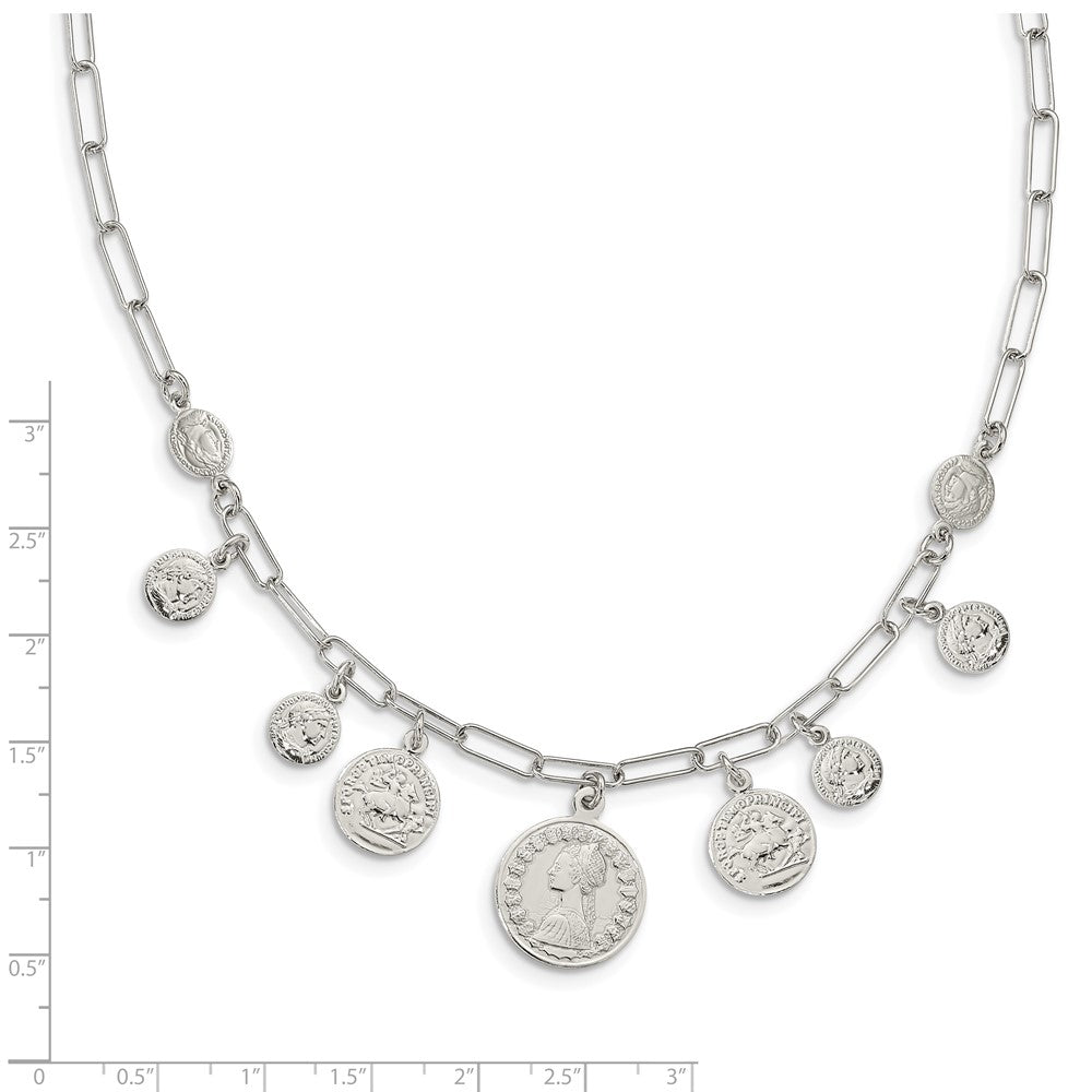 Sterling Silver Rhodium-Plated Polished Coin W/ 2In Ext. Necklace
