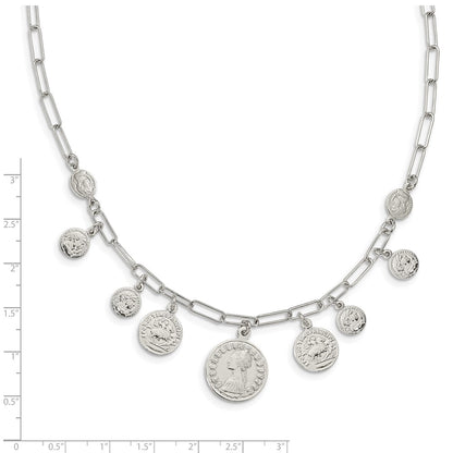 Sterling Silver Rhodium-Plated Polished Coin W/ 2In Ext. Necklace