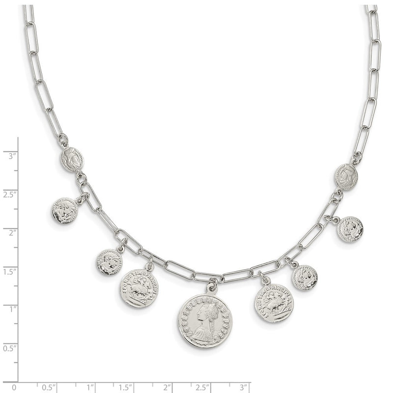 Sterling Silver Rhodium-Plated Polished Coin W/ 2In Ext. Necklace