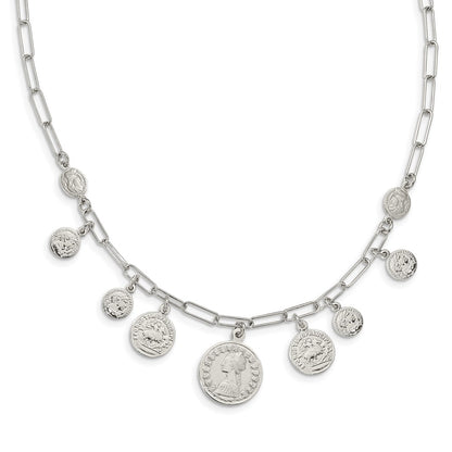 Sterling Silver Rhodium-Plated Polished Coin W/ 2In Ext. Necklace