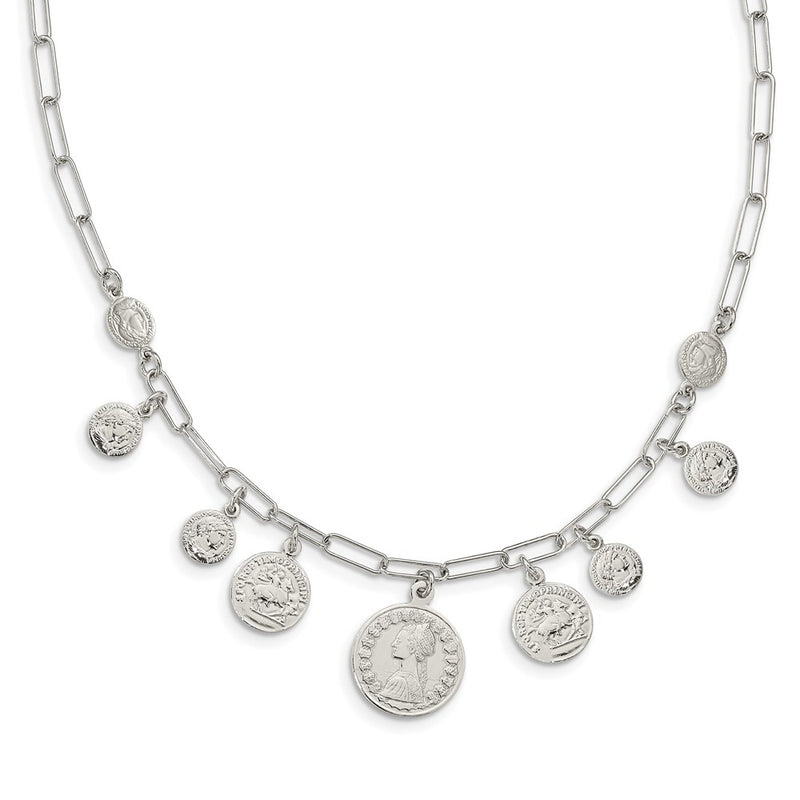 Sterling Silver Rhodium-Plated Polished Coin W/ 2In Ext. Necklace