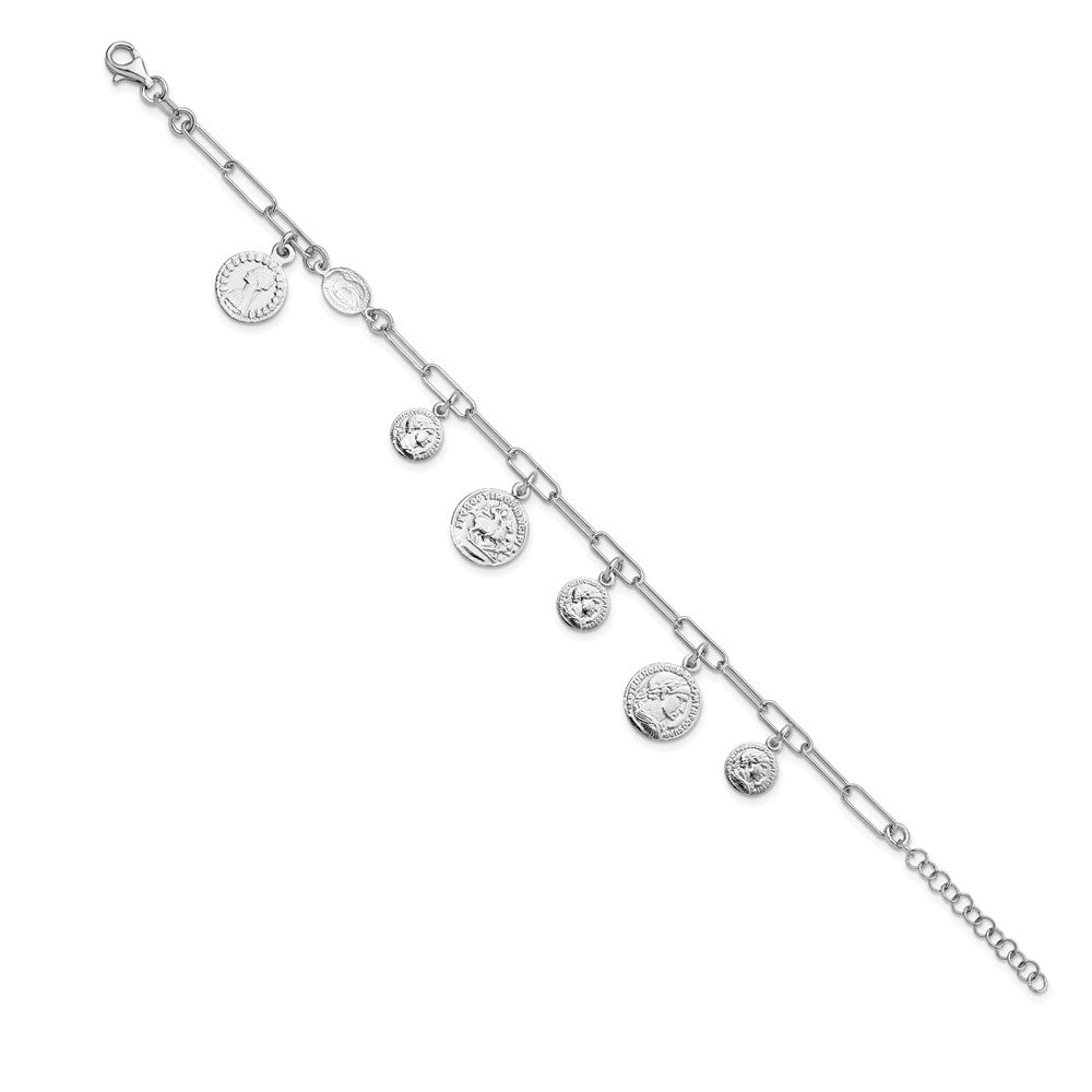 6.75 Inch Sterling Silver Rhodium-Plated Polished Coin Charm W/ 1In Ext. Bracelet