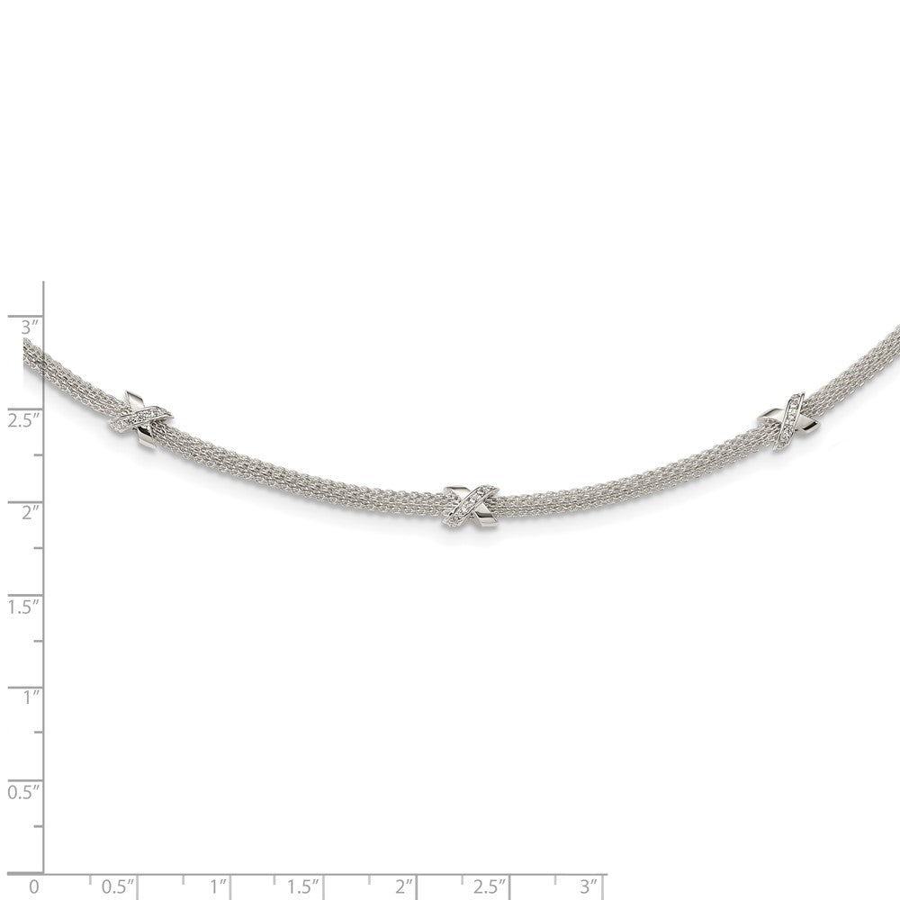 Sterling Silver Polished Cz Xs W/ 2In Ext. Necklace