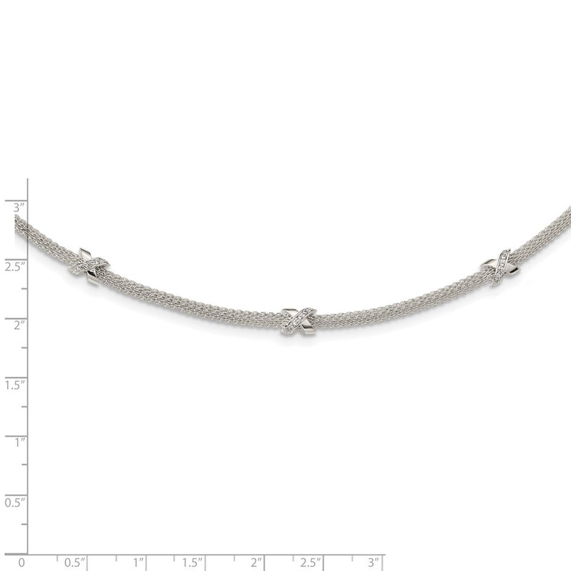Sterling Silver Polished Cz Xs W/ 2In Ext. Necklace