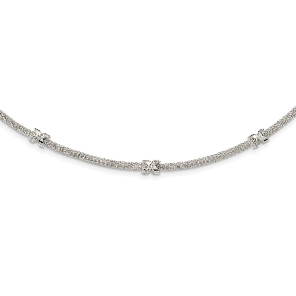 Sterling Silver Polished Cz Xs W/ 2In Ext. Necklace